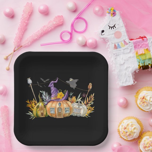 Haunted Pumpkin House with Ghost & Bats Paper Plate (Party)