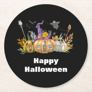 Haunted Pumpkin House with Ghost & Bats Round Paper Coaster