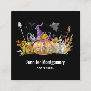 Haunted Pumpkin House with Ghost & Bats Square Business Card