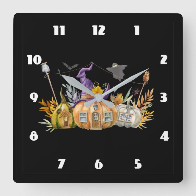  Haunted Pumpkin House with Ghost & Bats Square Wall Clock (Front)