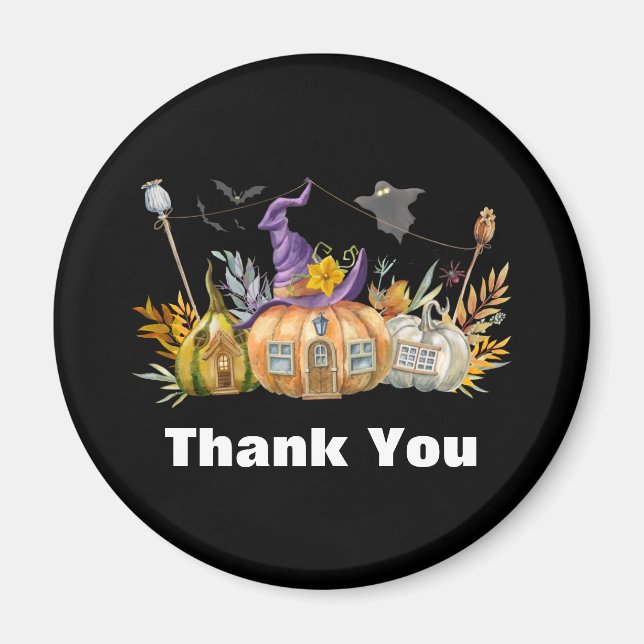 Haunted Pumpkin House with Ghost & Bats Thank You Magnet (Front)