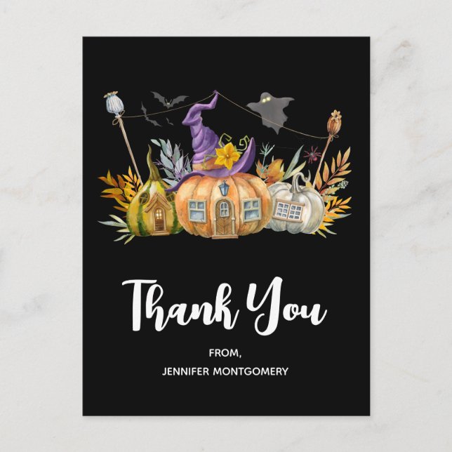 Haunted Pumpkin House with Ghost & Bats Thank You Postcard (Front)