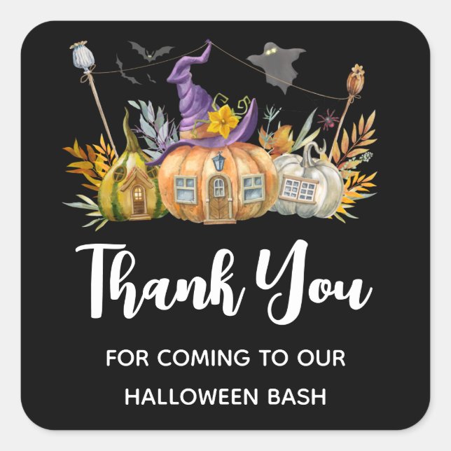 Haunted Pumpkin House with Ghost & Bats Thank You Square Sticker (Front)
