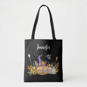 Haunted Pumpkin House with Ghost & Bats Tote Bag