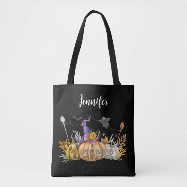 Haunted Pumpkin House with Ghost & Bats Tote Bag (Front)