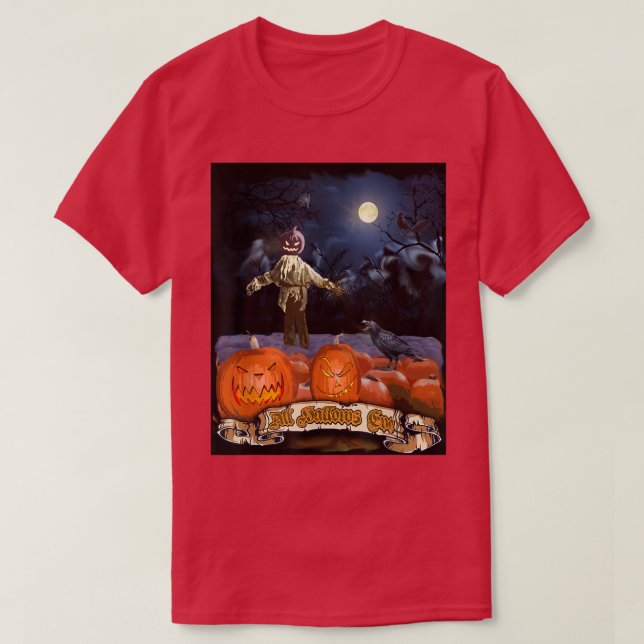 Haunted Pumpkin Patch and Evil Scarecrow On Hallow T-Shirt (Design Front)