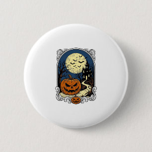 Haunted Pumpkin Scene Vintage Halloween Vector Art 6 Cm Round Badge