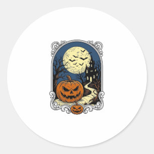Haunted Pumpkin Scene Vintage Halloween Vector Art Classic Round Sticker