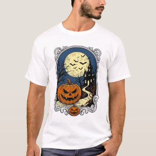 Haunted Pumpkin Scene Vintage Halloween Vector Art T-Shirt