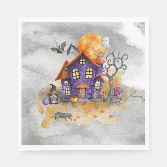 Haunted Purple Gnome House With Ghost Bats & Cats  Napkin (Front)