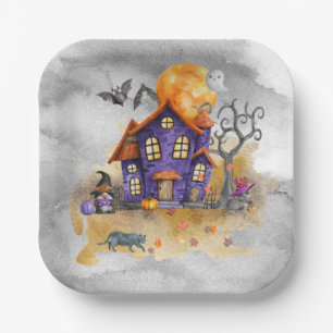 Haunted Purple Gnome House With Ghost Bats & Cats  Paper Plate