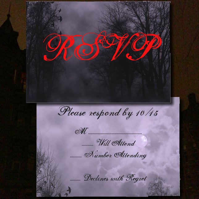 Haunted Purple Sky with Ravens Halloween RSVP Card (Creator Uploaded)