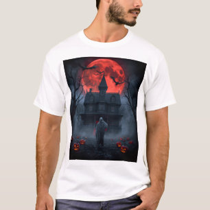 Haunted Red Moon Halloween T-Shirt   Spooky Ghost 