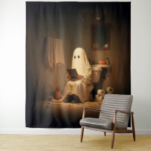 Haunted Restroom Ghost Reading Tapestry