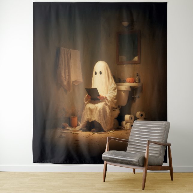 Haunted Restroom Ghost Reading Tapestry (In Situ)