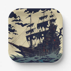 Haunted Sailing Ship Woodblock 1 Paper Plate