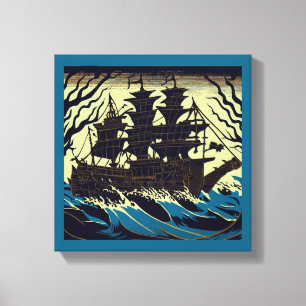 Haunted Sailing Ship Woodblock 3 Canvas Print