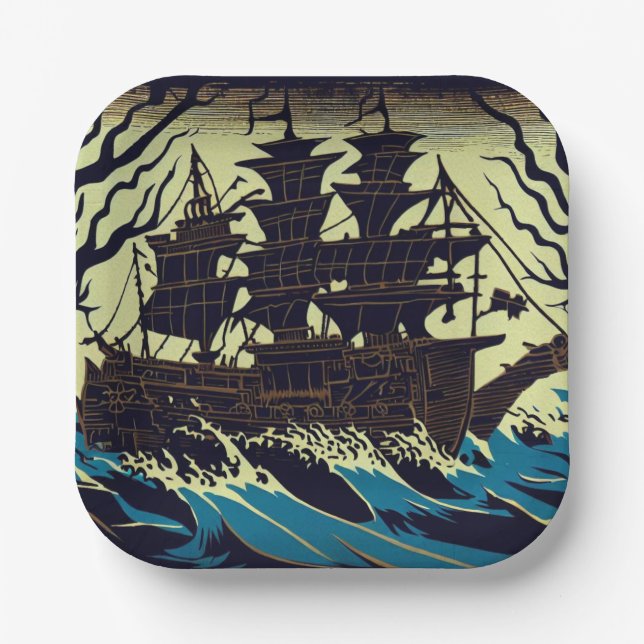 Haunted Sailing Ship Woodblock 3 Paper Plate (Front)