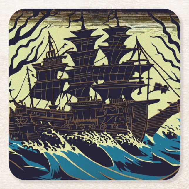 Haunted Sailing Ship Woodblock 3 Square Paper Coaster (Front)