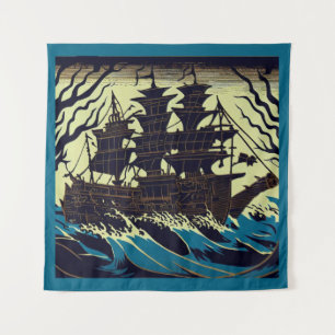 Haunted Sailing Ship Woodblock 3 Tapestry