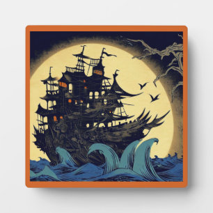 Haunted Sailing Ship Woodblock 4 Plaque