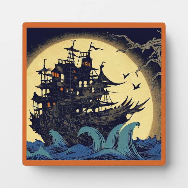 Haunted Sailing Ship Woodblock 4 Plaque (Front)