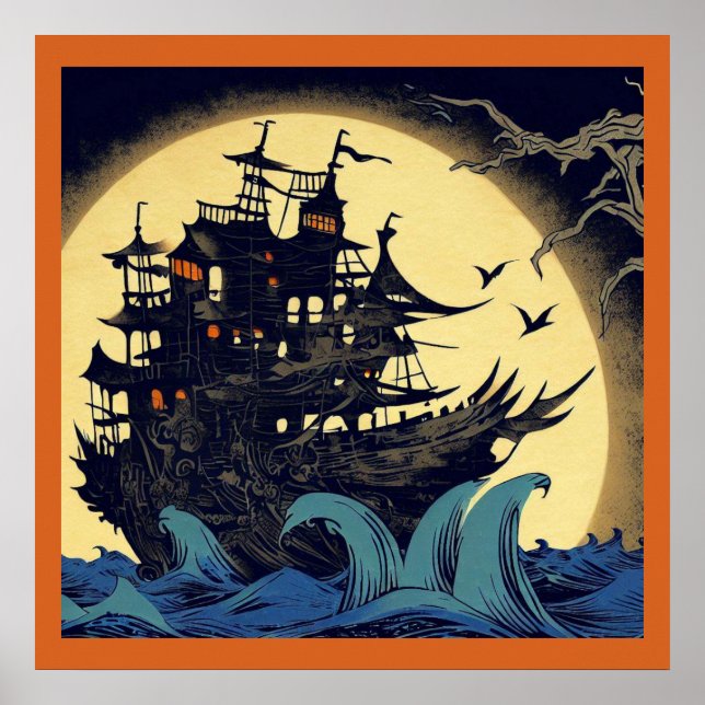 Haunted Sailing Ship Woodblock 4 Poster (Front)