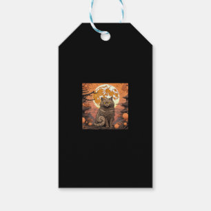 Haunted Sakura Scene_ Black Cat, Pumpkins, Wave Gift Tags