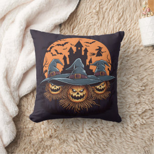 Haunted scarecrows glow beneath the moon cushion