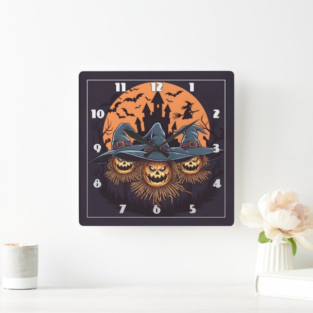 Haunted scarecrows glow beneath the moon square wall clock (Home)