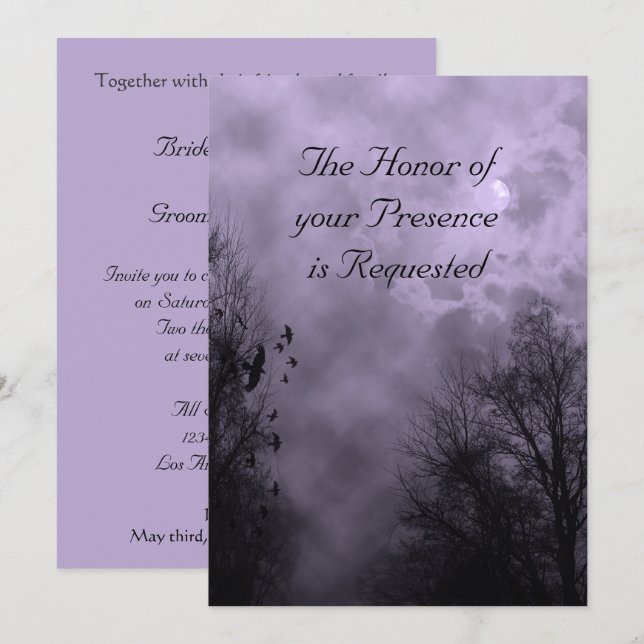 Haunted Sky and Ravens Purple Mist Wedding Invitation (Front/Back)