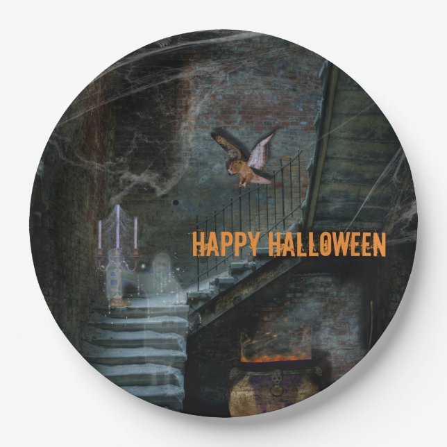 Haunted Staircase Halloween Paper Plate (Front)
