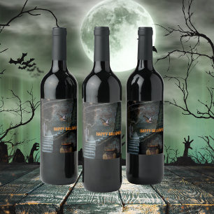 Haunted Staircase Halloween Wine Label