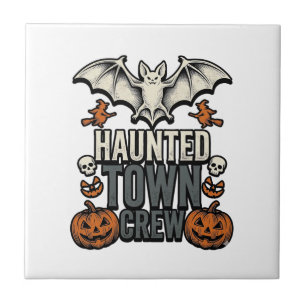 Haunted Town Shirt Vintage Halloween Bat Pumpkin T Tile