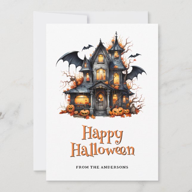 Haunted Victoria House Bats Ghost Halloween Card (Front)