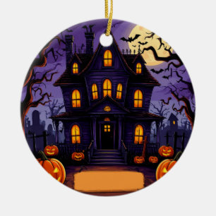 Haunted Victorian House Halloween Moonlight Scene  Ceramic Tree Decoration