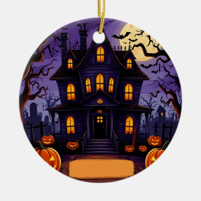 Haunted Victorian House Halloween Moonlight Scene  Ceramic Tree Decoration (Front)