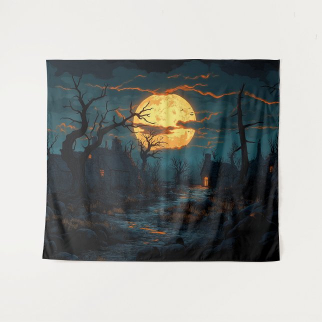 Haunted Village Halloween Backdrop Tapestry (Front (Horizontal))
