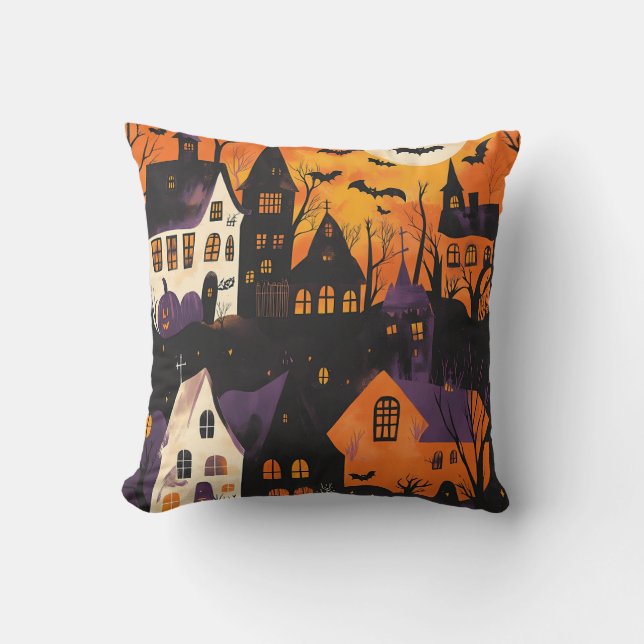 Haunted Village Spooky Purple Orange Halloween Cushion (Front)