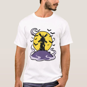 Haunted Windmill Bats Gothic Halloween Art T-Shirt
