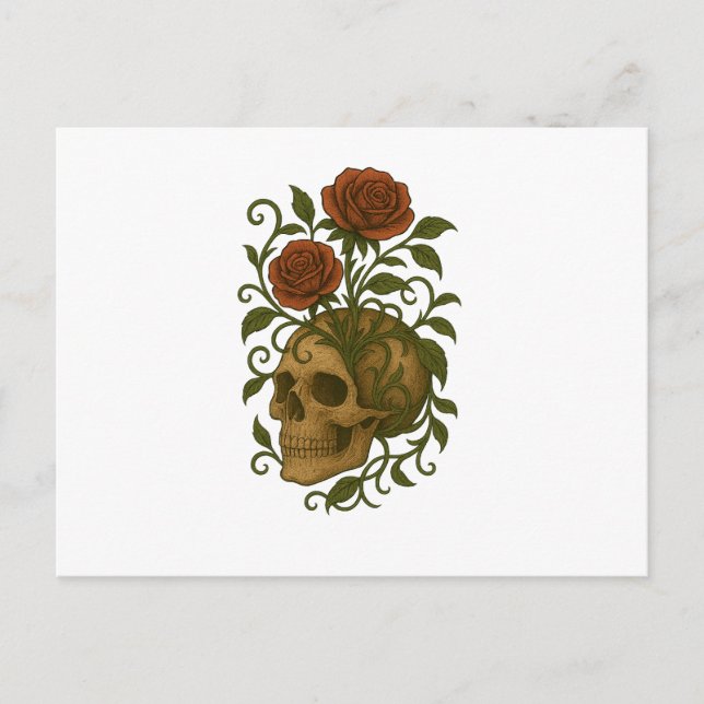 Haunting Beauty – Skull and Roses Halloween Art Postcard (Front)