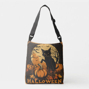 Haunting Black Cat on Pumpkin with Moon and Bats Crossbody Bag