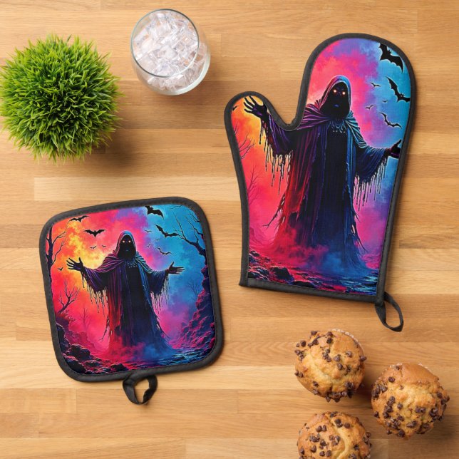 Haunting Demon Cloaked In Shadows Design Oven Mitt & Pot Holder Set (Top Down)