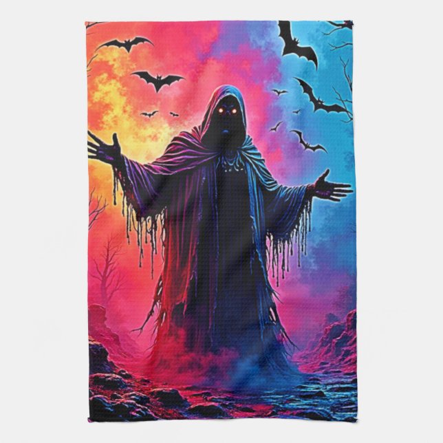 Haunting Demon Cloaked In Shadows Design Tea Towel (Vertical)