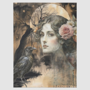 Haunting Fantasy Gothic Raven & Girl Art Collage Tissue Paper
