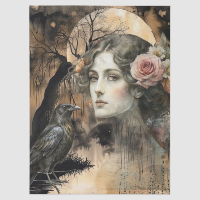 Haunting Fantasy Gothic Raven & Girl Art Collage Tissue Paper (Front)