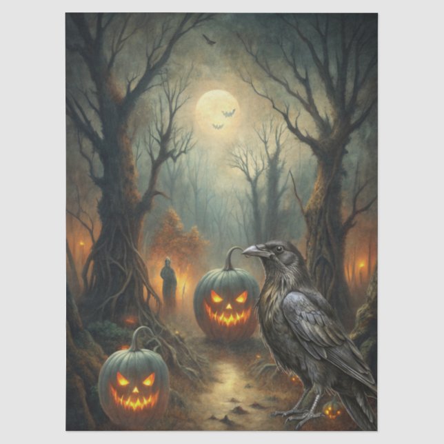 Haunting Fantasy Gothic Raven, Pumpkins & Moon Tissue Paper (Front)