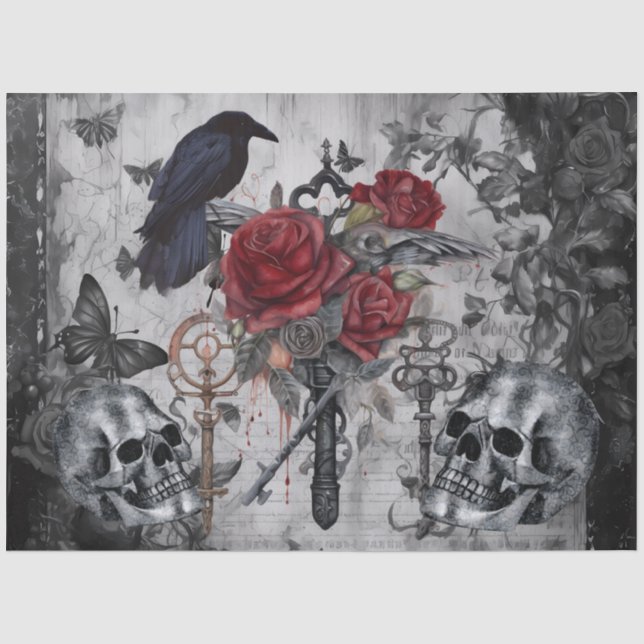 Haunting Fantasy Gothic Raven Roses Skulls Tissue Paper (Front)