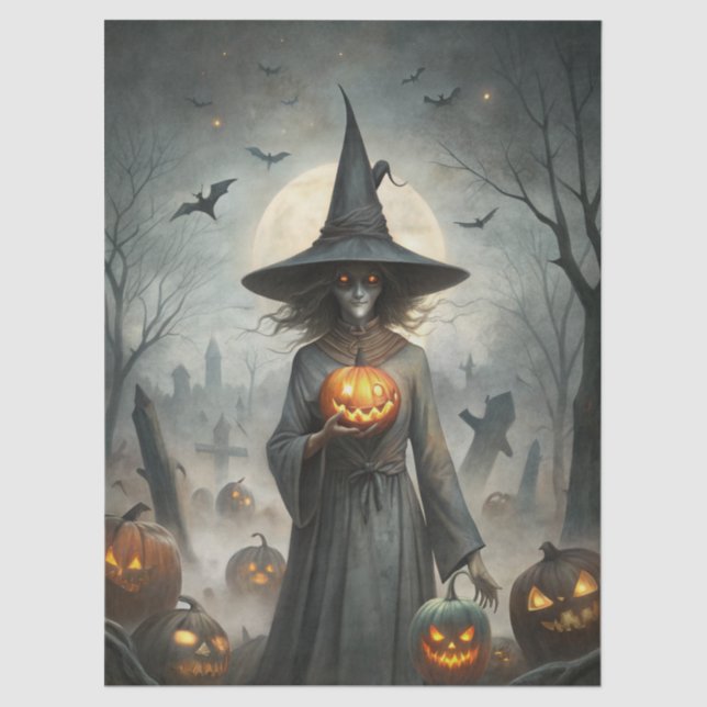 Haunting Fantasy Gothic Witch, Pumpkins & Moon Tissue Paper (Front)
