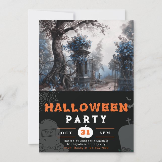 Haunting Graveyard Blue Flowers Halloween Invitation (Front)